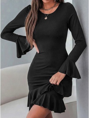 Nidam Butik Kadın Uzun Kollu Yuvarlak Yaka Fırfırlı Kol Ucu Volanlı Janjan Krep Mini Elbise