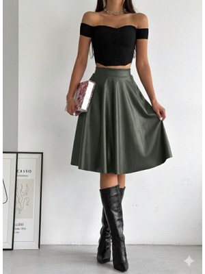 Bosel Kadın Yüksel Bel Deri Kloş Etek