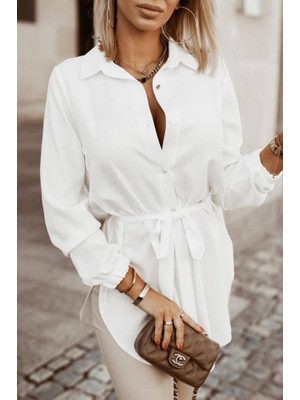 Tiana Kadın Metal Düğmeli Beli Kuşaklı Pamuk Polyester Kumaş Gömlek Elbise