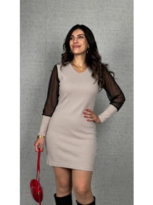 Buğrahayalin Kadın Uzun Kollu V Yakalı Tül Detaylı Mini Kaşkorse Elbise