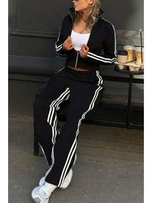 Bosel Kadın Uzun Kollu Önden Fermuarlı Kısa Viskon Iki Iplik Bluz ve Pantolon Ikili Takım