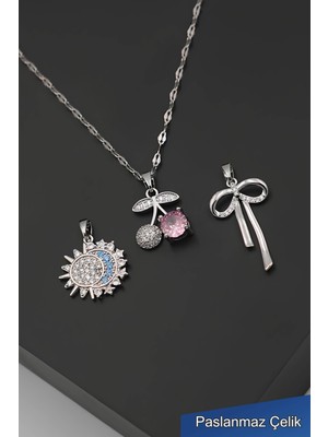 Trend Collection Değiştirilebilir Kolye Uçlu Gümüş A+ Çelik Kolye Seti – 3’lü Kadın Kolye