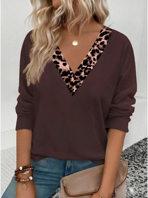 Passense Kadın Uzun Kollu V Yakalı Leopar Detaylı Viskon Iki Iplik Bluz