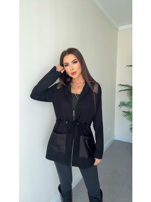 Giyimodam Kadın Uzun Kollu Önü Fermuarlı File Detaylı Belden Bağcıklı Kısa Modal Ceket