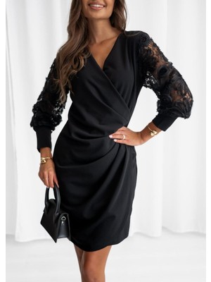 Arben Boutique Kadın Uzun Kollu Kruvaze Yakalı Önden Çapraz Detaylı Kolları Çiçek Dantel Detaylı Mini Ithal Krep Elbise