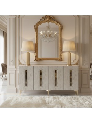 Yumedi Design KA1520BTG - Ethema Konsol, Tv Sehpası, Çok Amaçlı Dolap ve Kahve Köşesi 150CM Beyaz-Traverten-Gold