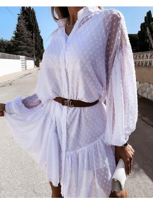 Gökyüzü Moda Kadın Uzun Kollu Puantiye Detay Gömlek Elbise