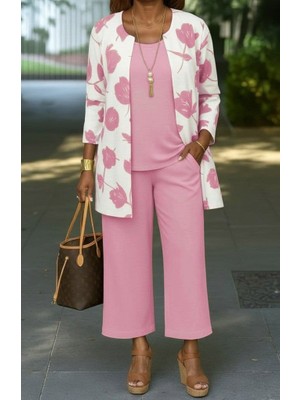 Egecen Kadın Uzun Kollu Önü Açık Modal Ceket Kolsuz Viskon Iki Iplik Bluz ve Pantolon Üçlü Takım