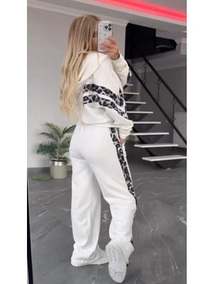 Tua Moda Kadın Uzun Kollu Kapşonlu Önü Fermuarlı Leopar Desenli Modal Bluz ve Pantolon Ikili Takım