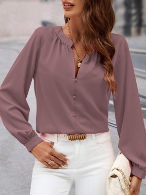 Gökyüzü Moda Kadın Uzun Kollu Önden Düğmeli Hakim Yaka Ithal Krep Bluz