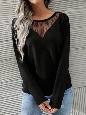 Gökyüzü Moda Kadın Uzun Kollu Geniş Yuvarlak Yaka Dantelli Viskon Iki Iplik Bluz