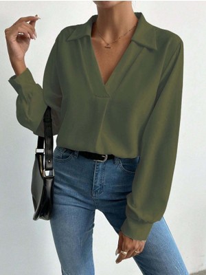 Gökyüzü Moda Kadın V Yaka Uzun Kollu Mosskrep Kumaş Bluz