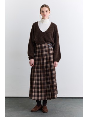 Manuka Pileli Kemerli Ekose Etek Kahverengi