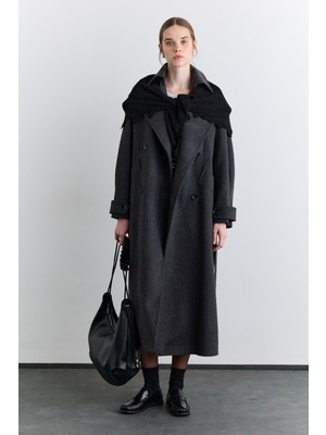 Manuka Kruvaze Geniş Yaka Palto Antrasit