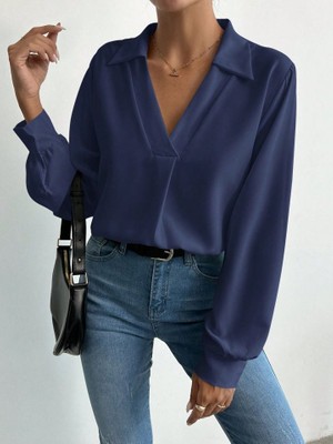 Arben Boutique Kadın V Yaka Uzun Kollu Mosskrep Kumaş Bluz