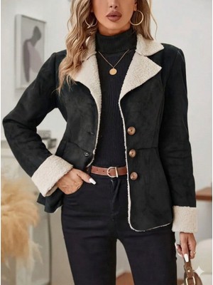 Yaman Market Kadın Uzun Kollu Önden Düğmeli Cep Detaylı Kısa Süet Ceket