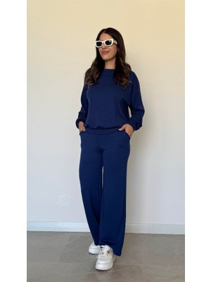 Nidam Butik Kadın Uzun Kollu Bisiklet Yaka Viskon Iki Iplik Bluz ve Pantolon Ikili Takım