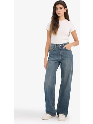 DeFacto %100 Pamuk Straight Wide Yüksek Bel Geniş Paça Jean Kar Yıkamalı Pantolon F9585AX26SP