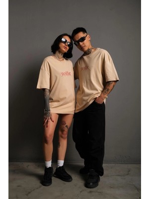 Velmora Fashion Erkek Sırt Baskılı Oversize T-Shirt - Bej