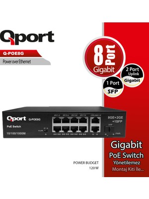Binbir Göz Bilgisayar Qport Q-POE8G 8 Port 10/100/1000 8 Port Poe 2 Port Uplınk + 1 Sfp 120W Yonetılemez Desktop Swıtch