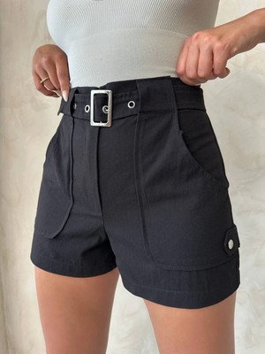 K&A Kemer Detaylı Gabardin Şort Siyah S25289