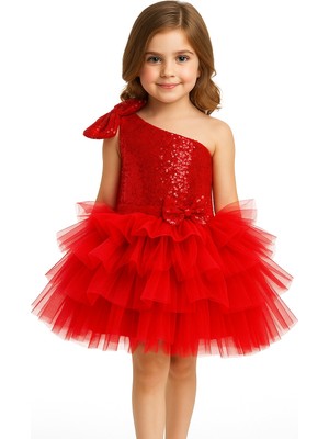 Baby Smile Kız Çocuk Tek Omuz Payetli Fiyonklu Tütü Abiye Elbise