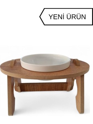 RealWood Ahşap Kedi Su & Mama Kabı - Tekli Oval Model - Eğimli - Kırılmaz Melamin Kase - 1*400ML