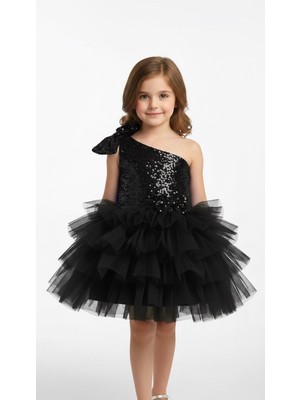 Baby Smile Kız Çocuk Tek Omuz Payetli Fiyonklu Tütü Abiye Elbise