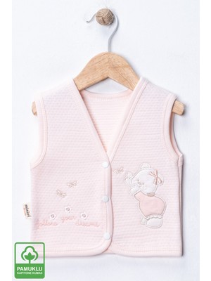 Miniel Kız Bebek Kız Ayıcık Nakışlı Organik Pamuklu 3-6-9 Ay Kapitone Bebek Yelek