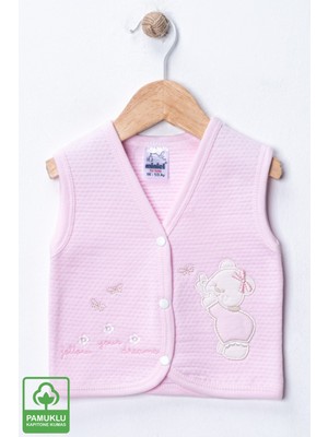 Miniel Kız Bebek Kız Ayıcık Nakışlı Organik Pamuklu 3-6-9 Ay Kapitone Bebek Yelek