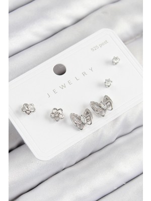 Epilons Pirinç Zirkon Taşlı Kelebek Model Gümüş Renk 925 Ayar Gümüş Çivi Kadın Küpe Set - TJ-BKP11181