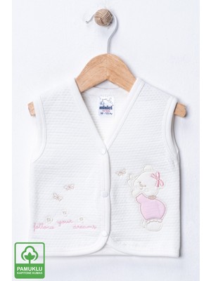 Miniel Kız Bebek Kız Ayıcık Nakışlı Organik Pamuklu 3-6-9 Ay Kapitone Bebek Yelek