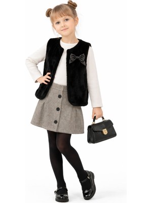 Ahengim Kız Çocuk Premium Şık Tasarım Kürk Yelek & Ekose Etek Badili Takım AK271-272