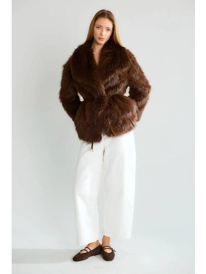 Cemo Geniş Yaka Belden Bağlamalı Peluş Kürk Ceket