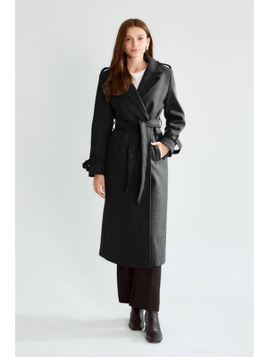 Cemo Kruvaze Kapamalı Belden Bağlamalı Kaşe Kaban