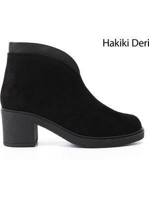 Gönderi(r) Kadın Siyah Süet  Fermuarlı Kalın Topuklu Hakiki Deri Bot