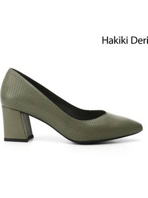 Gönderi(r) Kadın Yeşil  Sivri Burun Orta Kalın Topuklu Hakiki Deri Ayakkabı