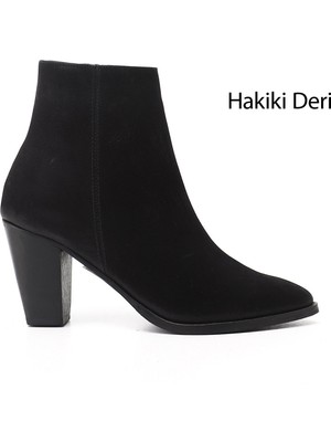 Gönderi(r) Kadın Siyah Nubuk  Fermuarlı Sivri Burun Hakiki Deri Bot