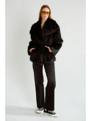 Cemo Geniş Yaka Belden Bağlamalı Peluş Kürk Ceket