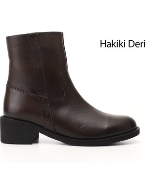 Gönderi(r) Kadın Kahve Antik  Fermuarlı Kalın Topuklu Hakiki Deri Bot