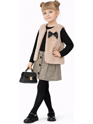 Ahengim Kız Çocuk Premium Şık Tasarım Kürk Yelek & Ekose Etek Badili Takım AK271-272
