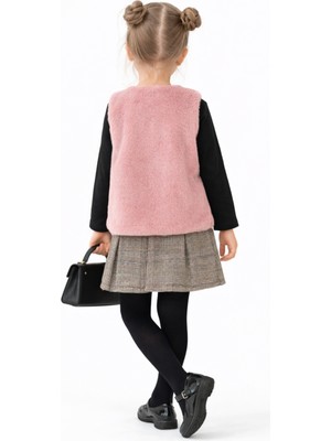 Ahengim Kız Çocuk Premium Şık Tasarım Kürk Yelek & Ekose Etek Badili Takım AK271-272