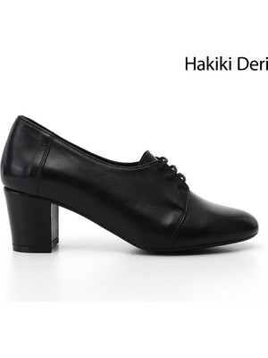 Gönderi(r) Kadın Siyah  Bağcıklı Kalın Topuklu Hakiki Deri Oxford Ayakkabı