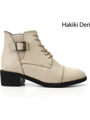 Gönderi(r) Kadın Bej  Fermuarlı Kalın Topuklu Hakiki Deri Bot