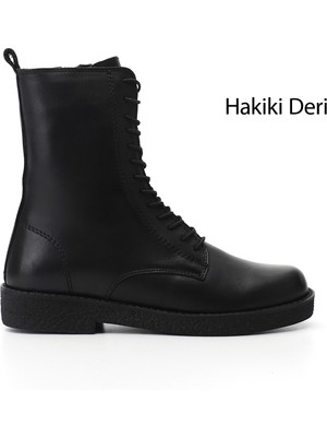 Gönderi(r) Kadın Siyah  Fermuarlı Kauçuk Taban Hakiki Deri Postal Bot