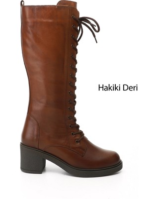 Gönderi(r) Kadın Taba Antik  Fermuarlı Kalın Topuklu Hakiki Deri Postal Çizme