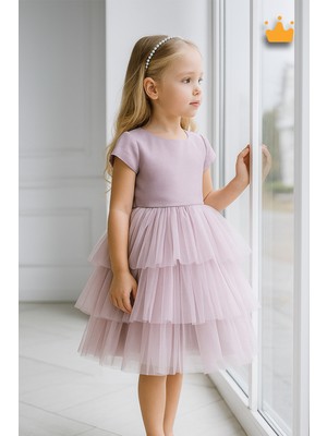 Baby Hola 4-8 Yaş Inci Taçlı Katlı Tül Etekli Kız Bebek Çocuk Abiye Elbise Bayramlık Gelinlik Lila 6572