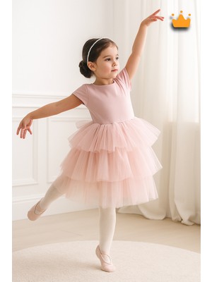 Baby Hola 4-8 Yaş Inci Taçlı Katlı Tül Etekli Kız Çocuk Abiye Elbise Bayramlık Gelinlik Pudra 6572