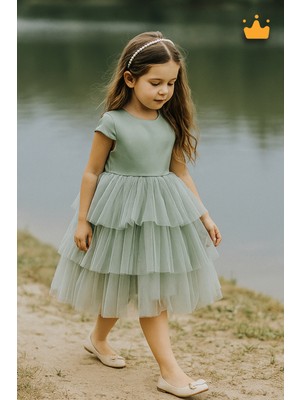 Baby Hola 4-8 Yaş Inci Taçlı Katlı Tül Etekli Kız Çocuk Abiye Elbise Bayramlık Gelinlik Yeşil 6572
