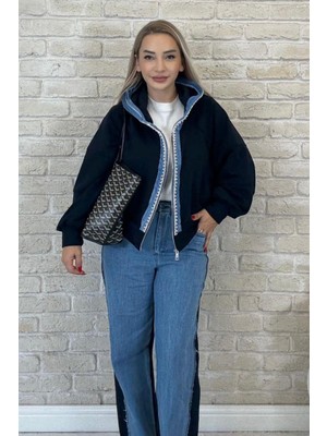 Muna Boutique Lacivert Kot Detaylı Önden Fermuarlı Kadın Alt Üst Takım